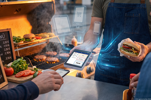 Mobile POS mit POSMAN auf dem S-POS Cube im Einsatz in einem modernen Burger-Lokal – kompaktes Kassieren direkt am Kunden ohne stationäre Kasse