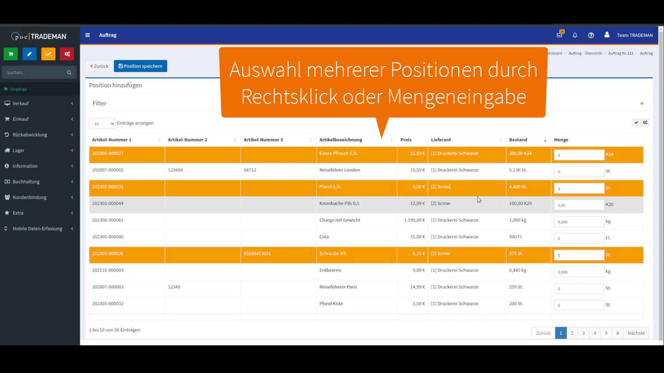 Auswahl mehrerer Positionen per Rechtsklick