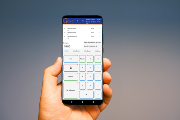 POSMAN Kassen-App auf Android Smartphone mit S-POS Integration für kontaktloses Bezahlen ohne Zusatzgerät.